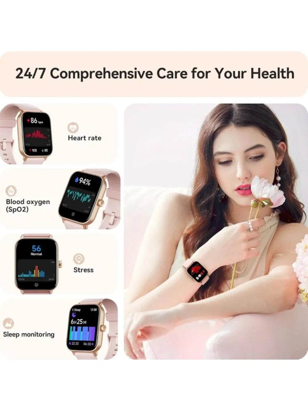 Stylish Smartwatch for Women, IP68 Waterproof, Fitness Tracker, Heart Rate